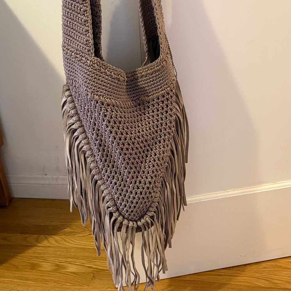 THE SAK Fringed Crochet Shoulder Bag - taupe